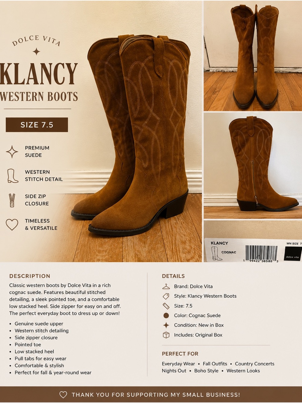 Dolce Vita Klancy Cognac Suede Western Boots